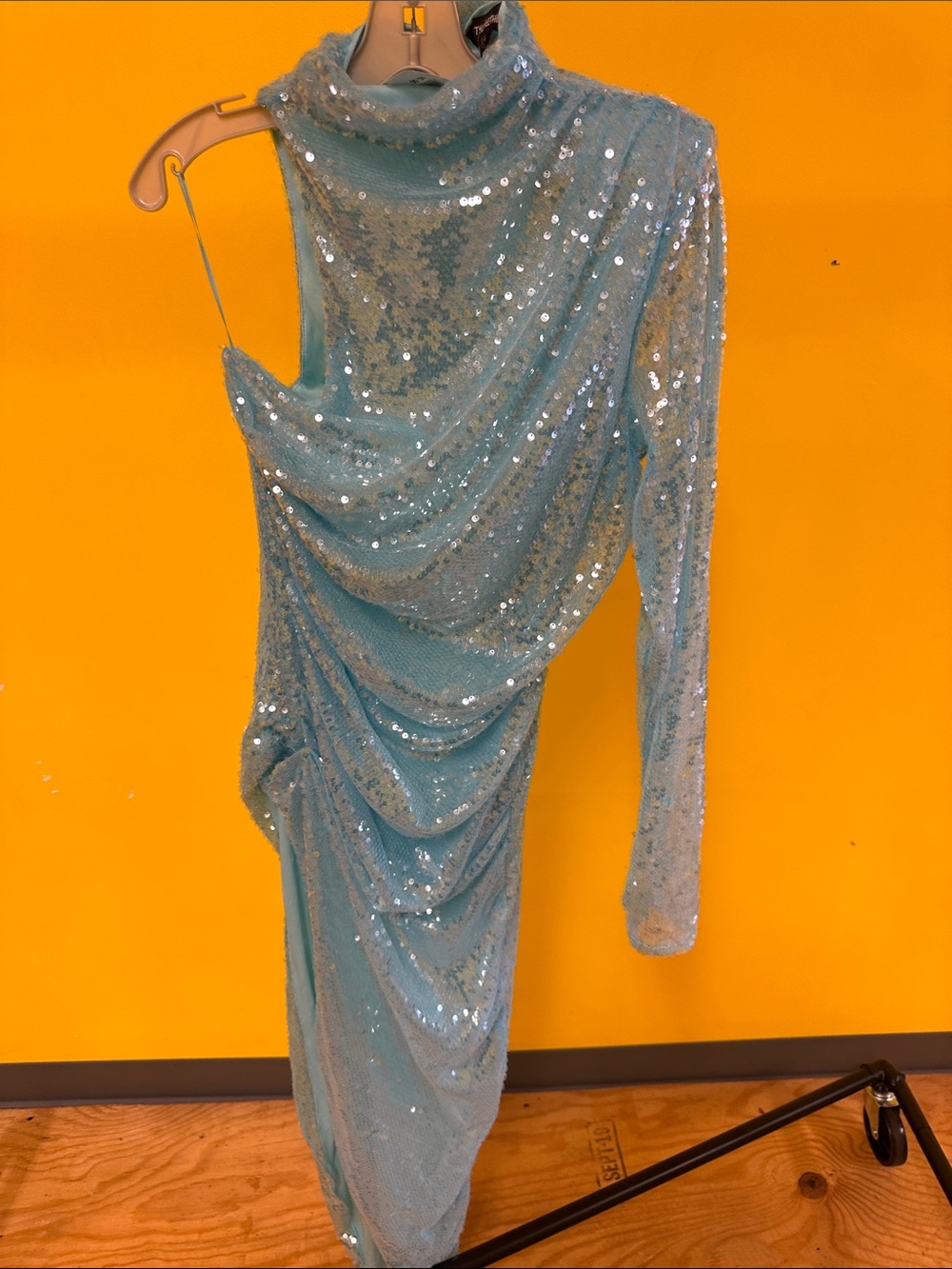 PrettyLittleThing Sky Blue One-Shoulder Sequin Draped Dress